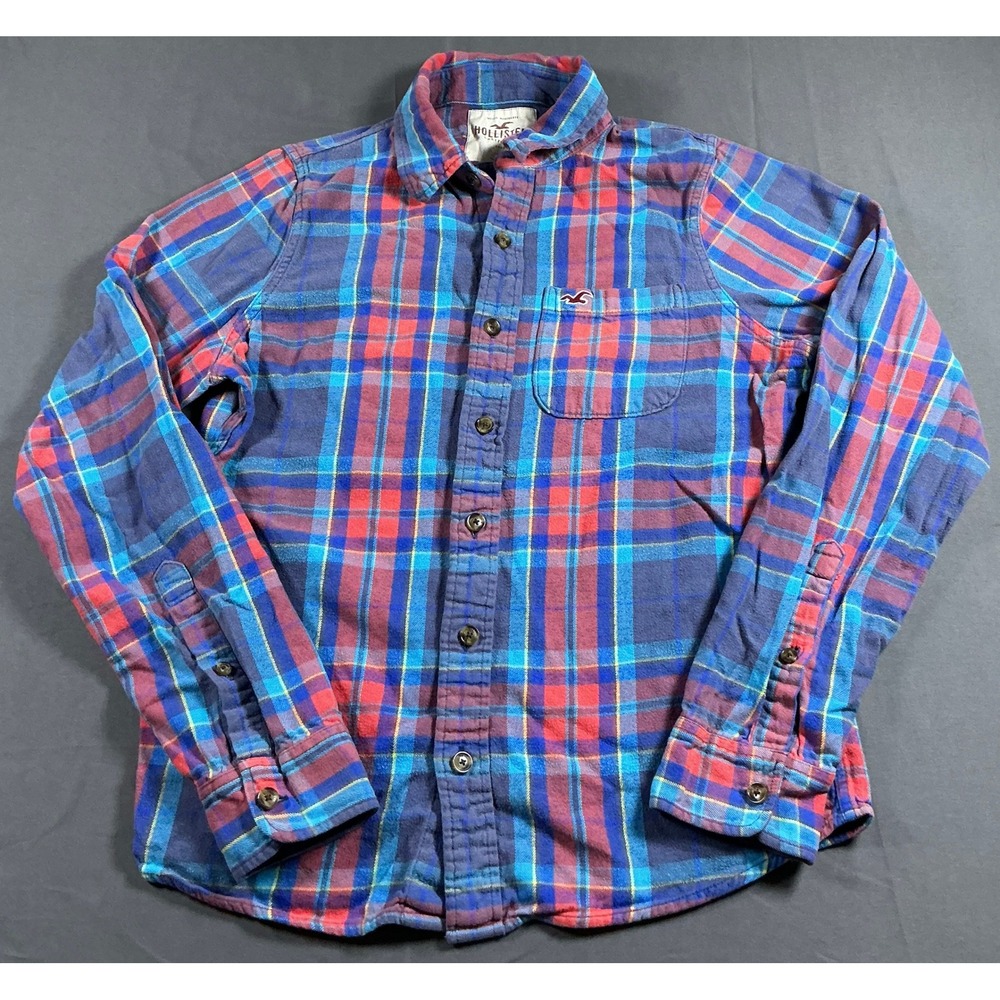 Hollister Mens Blue Red Plaid Flannel Button Down Shirt Large Logo Pocket